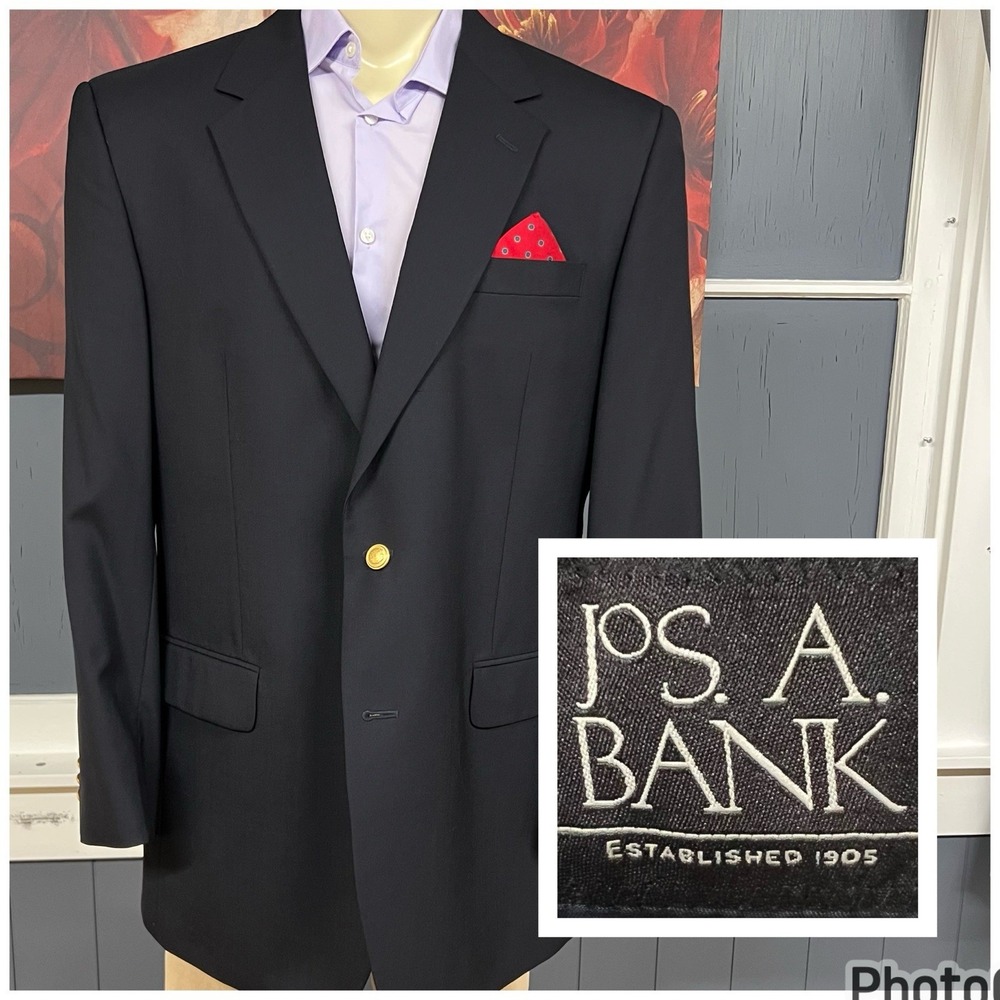 Jos A Bank Blazer Jacket Golden Buttons Men 44L Long Wool Classic Fit Dark Black